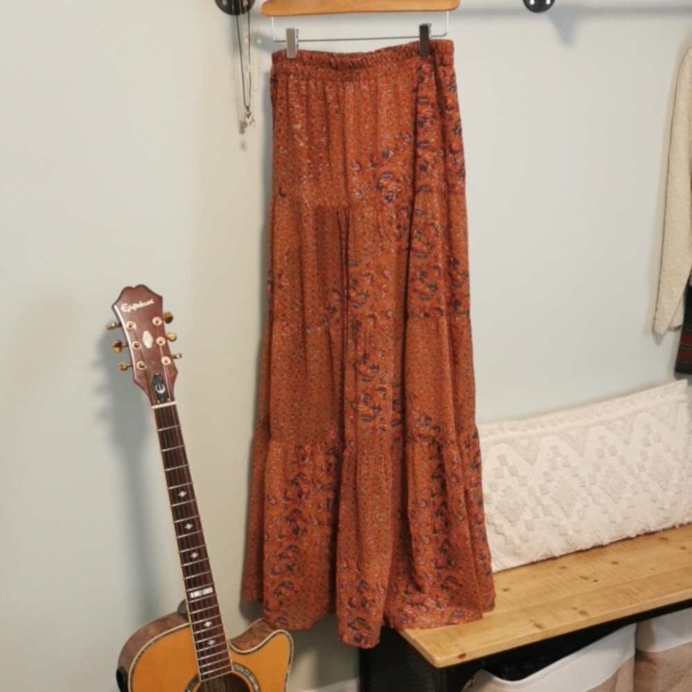 Floral Orange Maxi Skirt - Elastic Waist